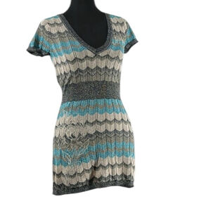 Ed Hardy y2k top Knit Graphic Sleeve Mini Sweater Dress 2000’s metallic Size sm